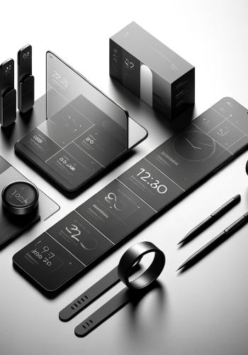 DALL·E 2023-12-01 11.28.58 - Minimalistic and sleek designs of futuristic communication gadgets, ideal for a desktop background. The focus should be on simplicity, featuring only